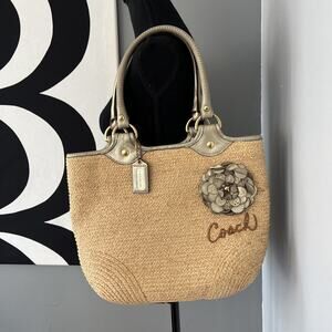 Y2K Coach Straw Flower Applique Tote Bag F 13373 Resort Raffia Leather Handles